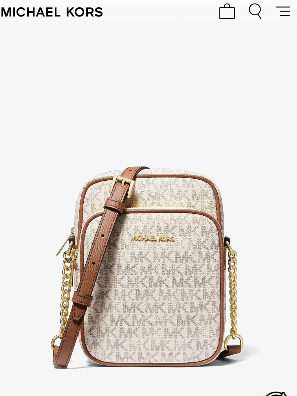 Michael Kors Beige Logo Crossbody With Brown Trim And Gold Hardware